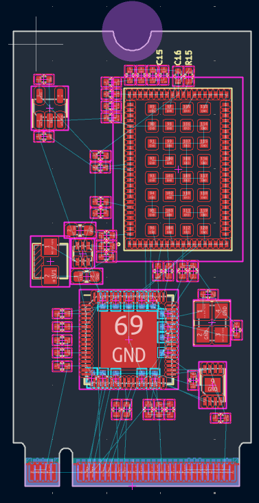 Coral board before AI autorouting, with placed components and unrouted nets