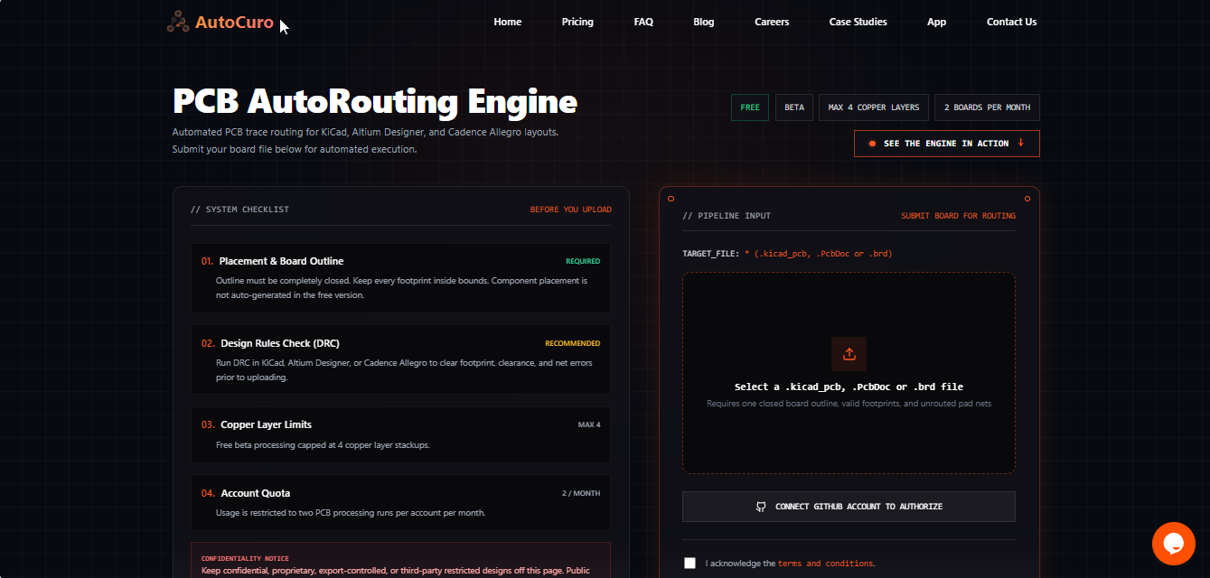 AutoCuro's browser-based PCB autorouting upload page showing supported board formats and beta limits