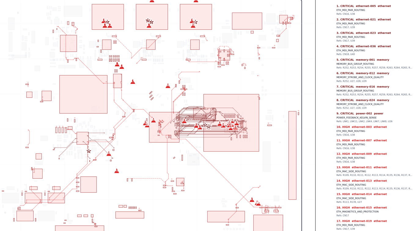 Full-board route review overlay with highlighted high-speed routing findings