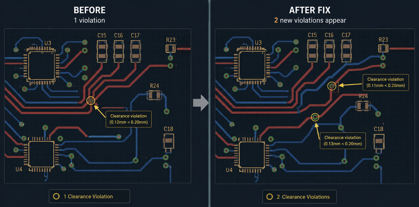 PCB layout showing two new clearance violations after fixing one violation