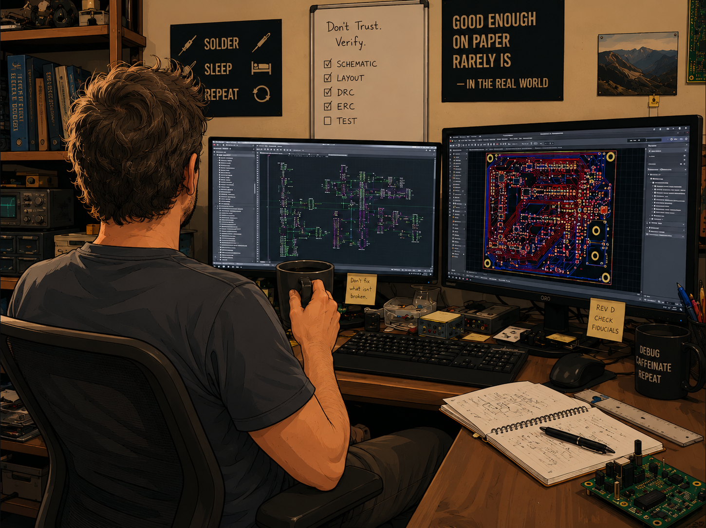PCB engineer reviewing a layout at a dual-monitor workstation