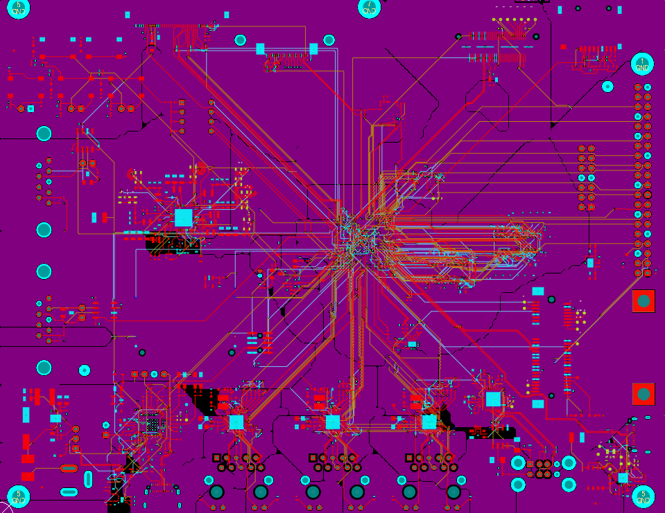 Automated routing result showing all layers for STM32MP257F-EV1